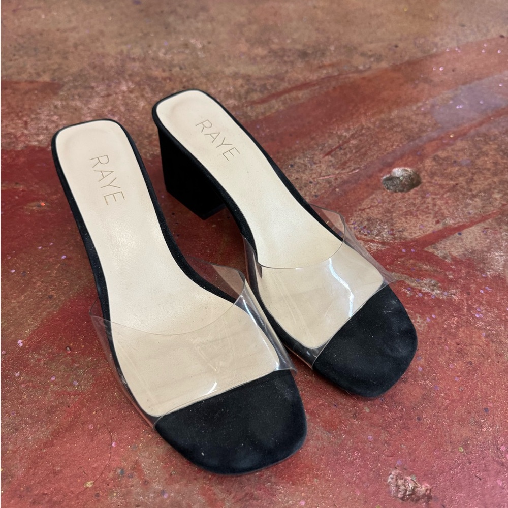 RAYE Black Suede and Clear PVC Block Heel Mules